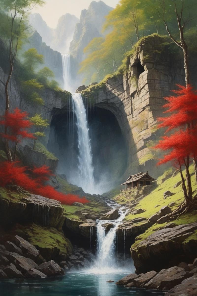 00342-3045559498-This is a landscape painting with a cave waterfall as the background,In the center of the picture is a long rock staircase leadi.png